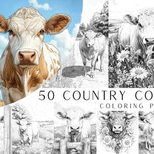 Può includere: Un set di 50 pagine da colorare con illustrazioni in bianco e nero di mucche in varie pose. Il testo "50 COUNTRY COW COLORING PAGES" è visualizzato nella parte inferiore dell'immagine.