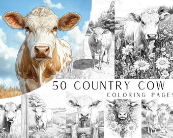 50 Country Cow Coloring Pages - Adult And Kids Coloring Book, Animal Coloring Sheets, Instant Download, Printable PDF File.