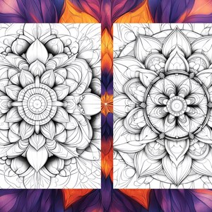 May include: Two black and white mandala designs, one on each side of the image. The mandalas are intricate and detailed, with a central circle surrounded by layers of petals and leaves.