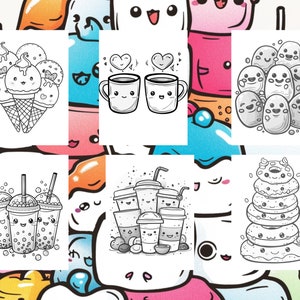 May include: Black and white line art illustrations of various cute food and drink items.  The illustrations include ice cream cones, coffee mugs, bubble tea, donuts, and other treats.