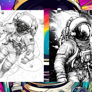 Pode incluir: Uma ilustra&ccedil;&atilde;o em preto e branco de um astronauta flutuando no espa&ccedil;o. O astronauta est&aacute; vestindo um traje espacial com capacete e est&aacute; cercado por estrelas e planetas.