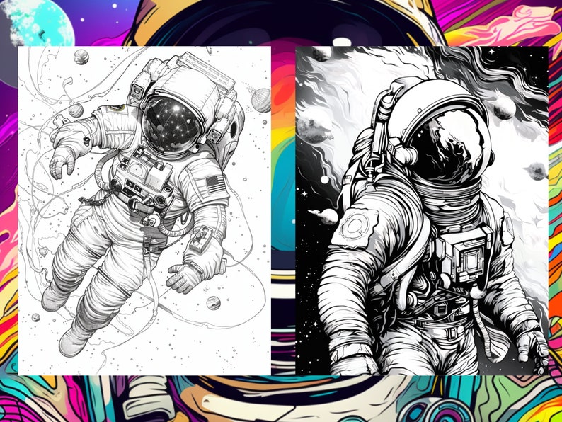 Pode incluir: Uma ilustra&ccedil;&atilde;o em preto e branco de um astronauta flutuando no espa&ccedil;o. O astronauta est&aacute; vestindo um traje espacial com capacete e est&aacute; cercado por estrelas e planetas.
