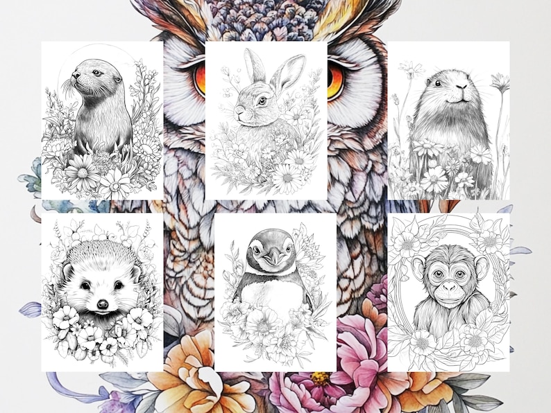 May include: A set of six black and white illustrations featuring various animals surrounded by flowers. The animals include an otter, a rabbit, a groundhog, a hedgehog, a penguin, and a monkey.