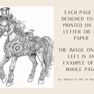 May include: A black and white illustration of a steampunk horse with a top hat and goggles. The horse is made of gears and other mechanical parts. The image is designed to be printed on US Letter or A4 paper.