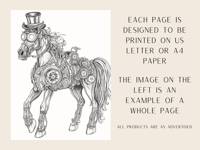 May include: A black and white illustration of a steampunk horse with a top hat and goggles. The horse is made of gears and other mechanical parts. The image is designed to be printed on US Letter or A4 paper.