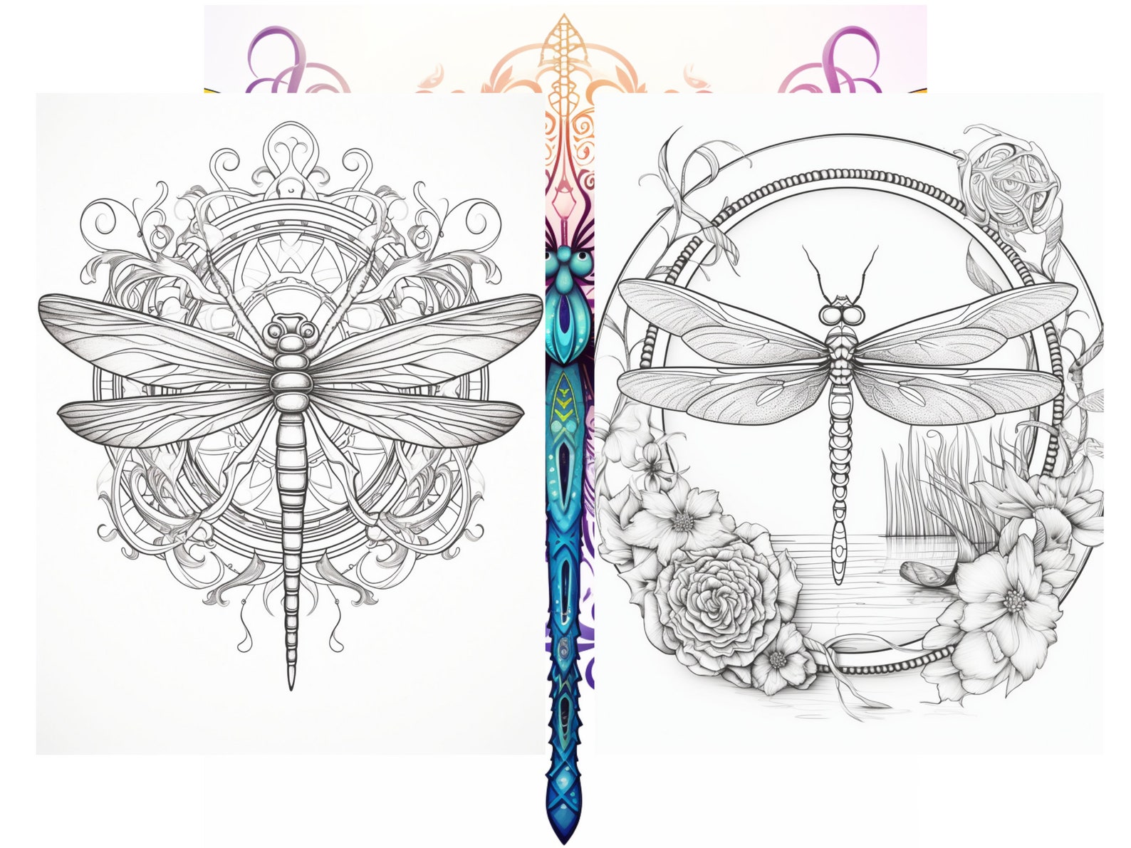 25 Dragonfly Coloring Pages Adults Coloring Book, Greyscale, Digital