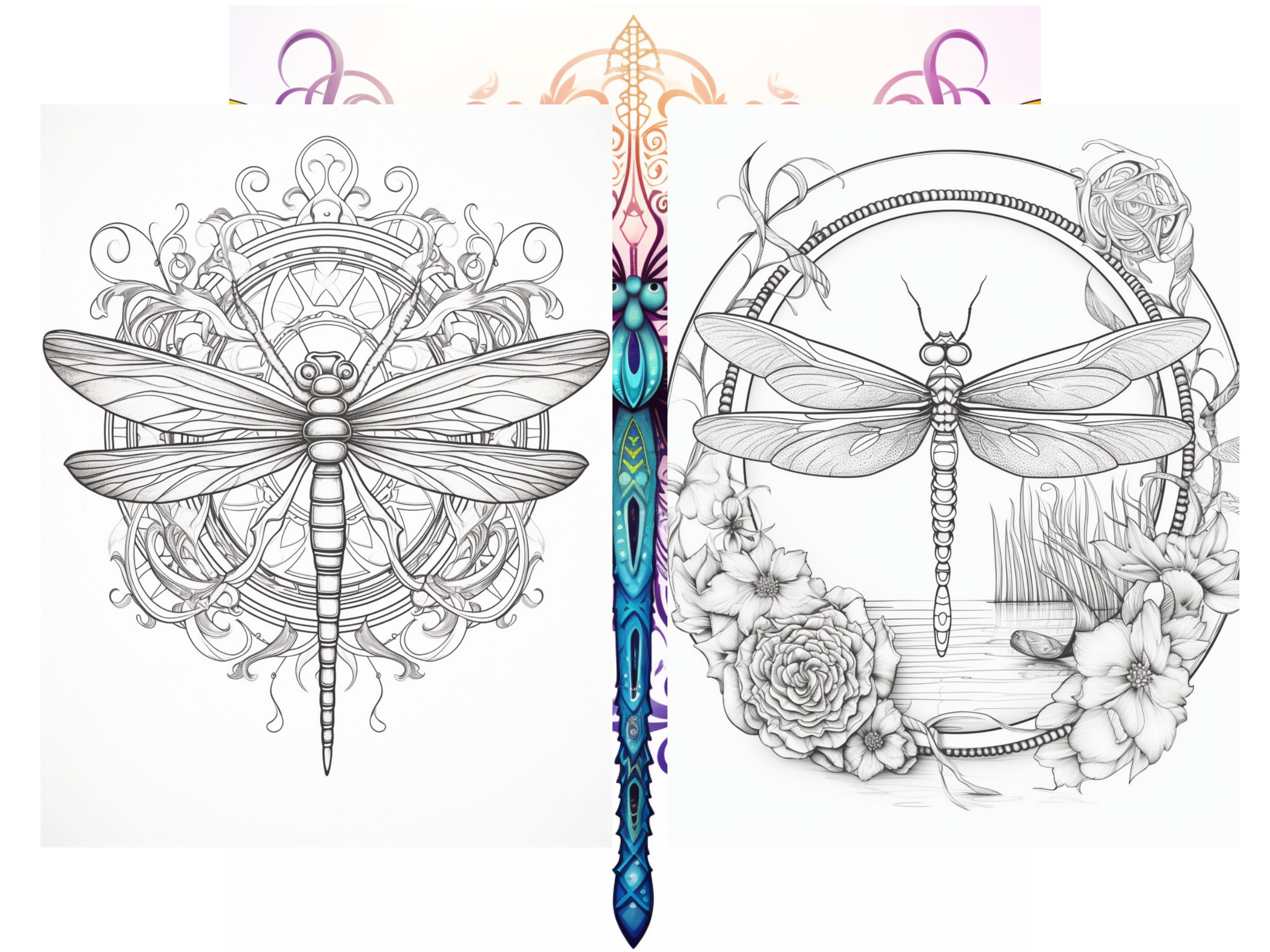25 Dragonfly Coloring Pages Adults Coloring Book, Greyscale, Digital