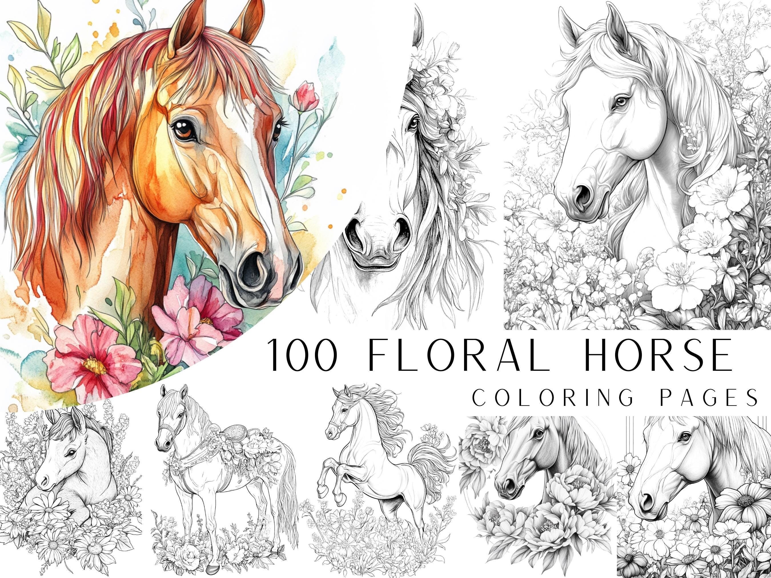 100 Floral Horse Coloring Pages - Instant PDF Digital Download, Printable Adult Coloring Sheets, Horses and Flowers, Light and Dark Versions