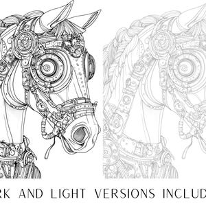 May include: A detailed line drawing of a horse's head with intricate steampunk-inspired designs, including gears, cogs, and a large circular eye. The image is in black and white and includes both dark and light versions.
