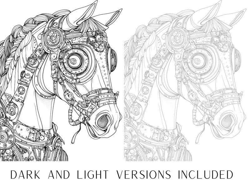 May include: A detailed line drawing of a horse's head with intricate steampunk-inspired designs, including gears, cogs, and a large circular eye. The image is in black and white and includes both dark and light versions.