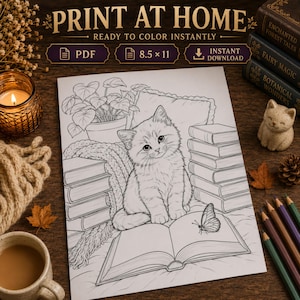 May include: A printable coloring page featuring a kitten sitting on an open book with a butterfly, surrounded by stacks of books, a potted plant, and a pillow. The text at the top reads PRINT AT HOME, READY TO COLOR INSTANTLY, PDF, 8.5 x 11, INSTANT DOWNLOAD.