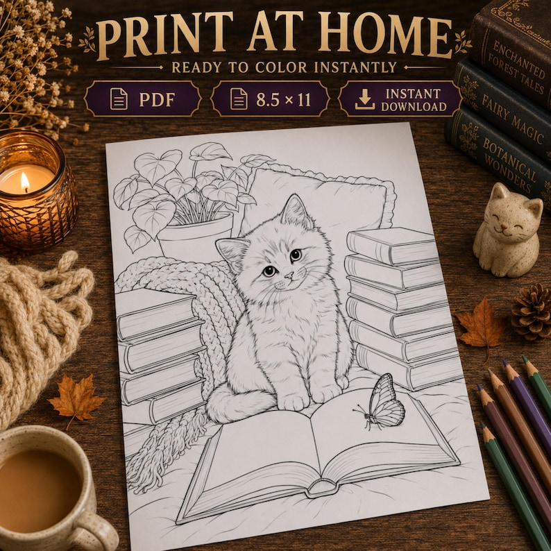 May include: A printable coloring page featuring a kitten sitting on an open book with a butterfly, surrounded by stacks of books, a potted plant, and a pillow. The text at the top reads PRINT AT HOME, READY TO COLOR INSTANTLY, PDF, 8.5 x 11, INSTANT DOWNLOAD.