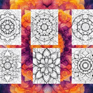 May include: Six black and white mandala designs for coloring. Each design features intricate patterns and details.