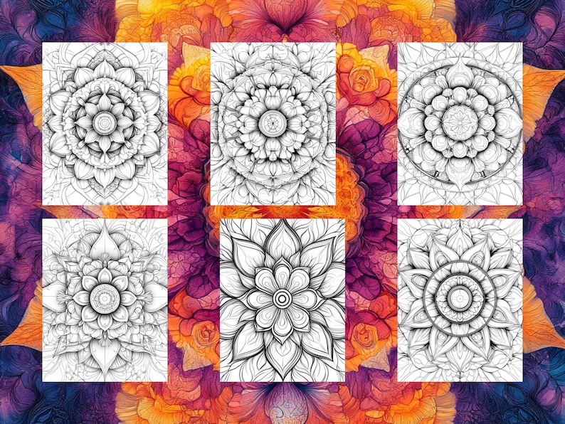 May include: Six black and white mandala designs for coloring. Each design features intricate patterns and details.