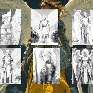 May include: A set of six black and white illustrations of angels with wings, each wearing armor and holding a sword. The angels are depicted in various poses, some standing tall and proud, others kneeling in prayer.