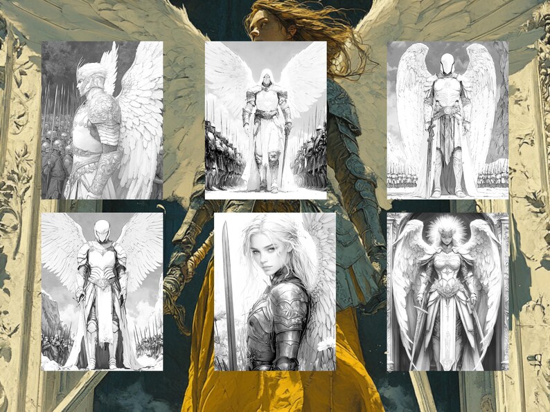 May include: A set of six black and white illustrations of angels with wings, each wearing armor and holding a sword. The angels are depicted in various poses, some standing tall and proud, others kneeling in prayer.