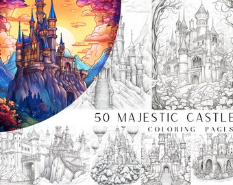 50 Majestic Castle Coloring Pages - Adult And Kids Coloring Book, Fantasy Coloring Sheets, Instant Download, Printable PDF File.