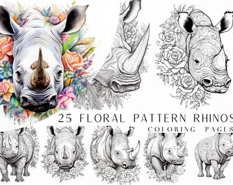 25 Floral Rhino Coloring Pages - Adults And Kids Coloring Book, Digital Coloring Sheets, Instant Download, Printable PDF File.