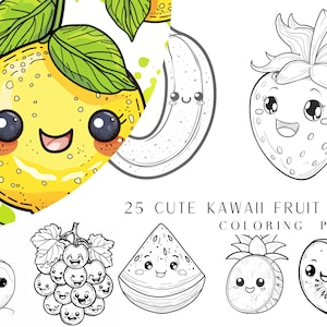 25 schattige kawaii fruit kleurplaten - kleurboek voor volwassenen en kinderen, kleurplaten fruit, direct downloaden, afdrukbaar pdf-bestand.