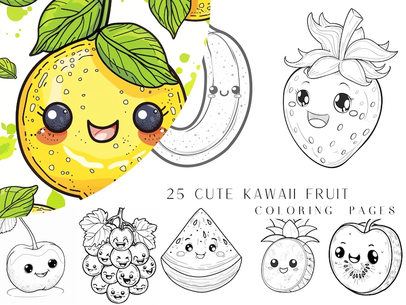 Op de afbeelding: Een set van 25 kleurplaten met schattige kawaii fruit illustraties. De pagina's bevatten een citroen, banaan, aardbei, watermeloen, druiven, appel, ananas en kiwi. De illustraties zijn in zwart-wit en klaar om in te kleuren.