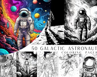 May include: A collection of 50 coloring pages featuring astronauts in space. The pages are black and white and feature detailed illustrations of astronauts in various poses and settings. The cover image shows an astronaut standing on the moon with a colorful galaxy in the background.