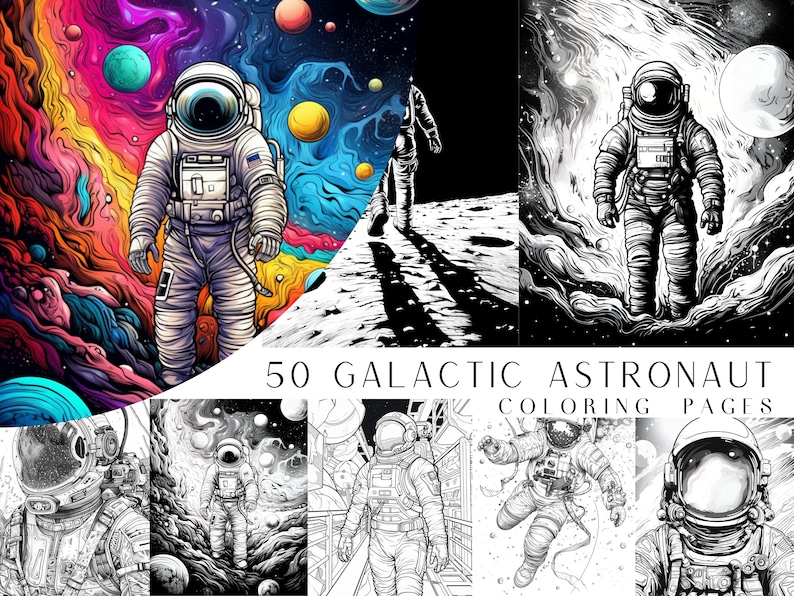 Pode incluir: Uma cole&ccedil;&atilde;o de 50 p&aacute;ginas para colorir com astronautas no espa&ccedil;o. As p&aacute;ginas s&atilde;o em preto e branco e apresentam ilustra&ccedil;&otilde;es detalhadas de astronautas em v&aacute;rias poses e ambientes. A imagem da capa mostra um astronauta de p&eacute; na lua com uma gal&aacute;xia colorida no fundo.