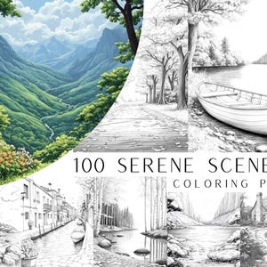 Puede incluir: Una colección de 100 páginas para colorear con paisajes serenos. Las imágenes incluyen un valle de montaña, un camino a través de un bosque, un lago con un bote, un canal con edificios y un río con árboles. Las páginas para colorear son perfectas para adultos y niños que disfrutan de actividades relajantes y creativas.