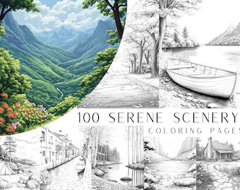 100 Serene Scenery Coloring Pages - Adult And Kids Coloring Book, Coloring Sheets, Greyscale, Instant Download, Printable PDF File.