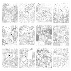 May include: A collection of twelve black and white line art illustrations featuring kittens in various settings, including a garden, a beach, a greenhouse, a kitchen, and an art studio, designed for coloring with intricate details and patterns.