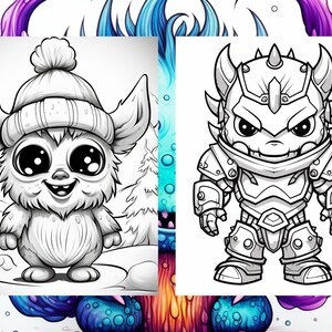 May include: A black and white line drawing of two cartoon characters. The first character is a furry creature wearing a winter hat. The second character is a creature wearing armor and a helmet.