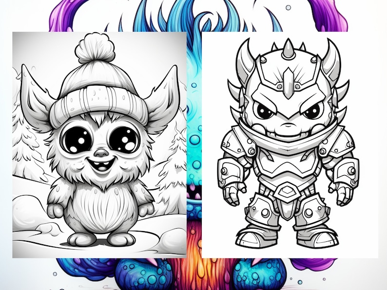 May include: A black and white line drawing of two cartoon characters. The first character is a furry creature wearing a winter hat. The second character is a creature wearing armor and a helmet.