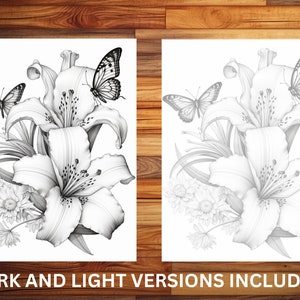 May include: A black and white pencil drawing of a bouquet of lilies and butterflies. The lilies are in full bloom and the butterflies are perched on the petals. The drawing is detailed and realistic.