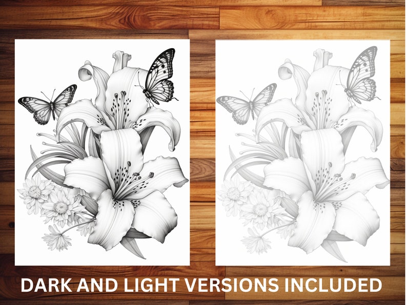 May include: A black and white pencil drawing of a bouquet of lilies and butterflies. The lilies are in full bloom and the butterflies are perched on the petals. The drawing is detailed and realistic.