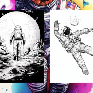Pode incluir: Uma ilustra&ccedil;&atilde;o em preto e branco de um astronauta caminhando na lua. O astronauta est&aacute; vestindo um traje espacial e uma mochila. A lua &eacute; grande e redonda, e h&aacute; crateras e rochas na superf&iacute;cie.