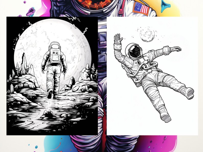 Pode incluir: Uma ilustra&ccedil;&atilde;o em preto e branco de um astronauta caminhando na lua. O astronauta est&aacute; vestindo um traje espacial e uma mochila. A lua &eacute; grande e redonda, e h&aacute; crateras e rochas na superf&iacute;cie.