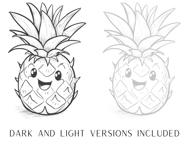 Op de afbeelding: Een zwart-witte lijntekening van een glimlachende ananas met een vrolijk gezicht. De ananas is getekend in een cartoon-stijl. De afbeelding bevat een donkere en een lichte versie van de ananas.