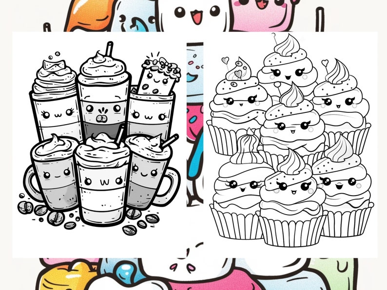 May include: A black and white illustration of five cartoon coffee cups with whipped cream and cute faces. The cups are surrounded by coffee beans.