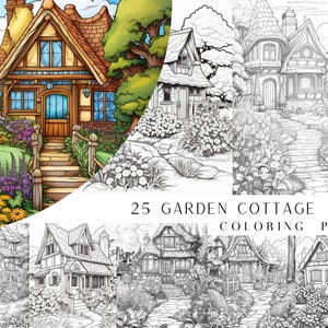 May include: A set of 25 coloring pages featuring illustrations of charming garden cottages with intricate details. The cottages are surrounded by lush greenery and blooming flowers, creating a whimsical and enchanting atmosphere.