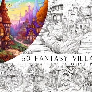50 Fantasy Village Coloring Pages - Adult And Kids Coloring Book, Fantasy Coloring Sheets, Instant Download, Printable PDF File.