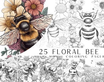 25 Floral Bee Coloring Pages - Adults Coloring Book, Greyscale, Digital Coloring Sheets, Instant Download, Printable PDF File.