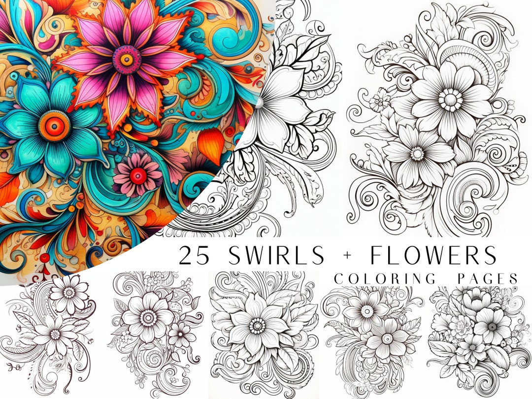 25 Pattern Swirls and Flowers Coloring Pages Adults Coloring Book