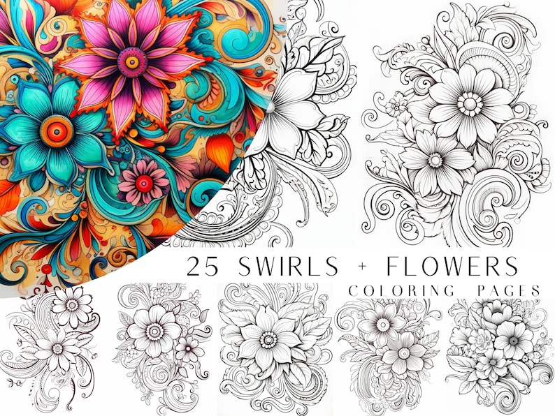 K&ouml;nnte beinhalten: Ein Set mit 25 Malvorlagen mit filigranen Spiralen und Blumen. Die Seiten sind schwarzwei&szlig; und zum Ausmalen bereit. Der Titel "25 Swirls + Flowers Coloring Pages" ist oben auf der Seite gedruckt.