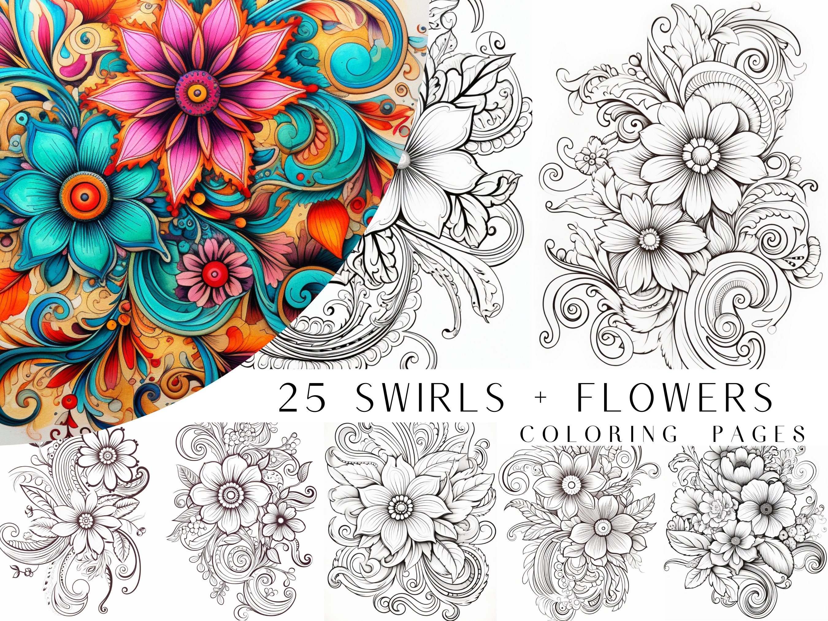 25 Pattern Swirls & Flowers Coloring Pages for Adults – Mindfulness Printable PDF, Instant Download