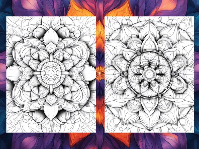 May include: Two black and white mandala designs, one on each side of the image. The mandalas are intricate and detailed, with a central circle surrounded by layers of petals and leaves.