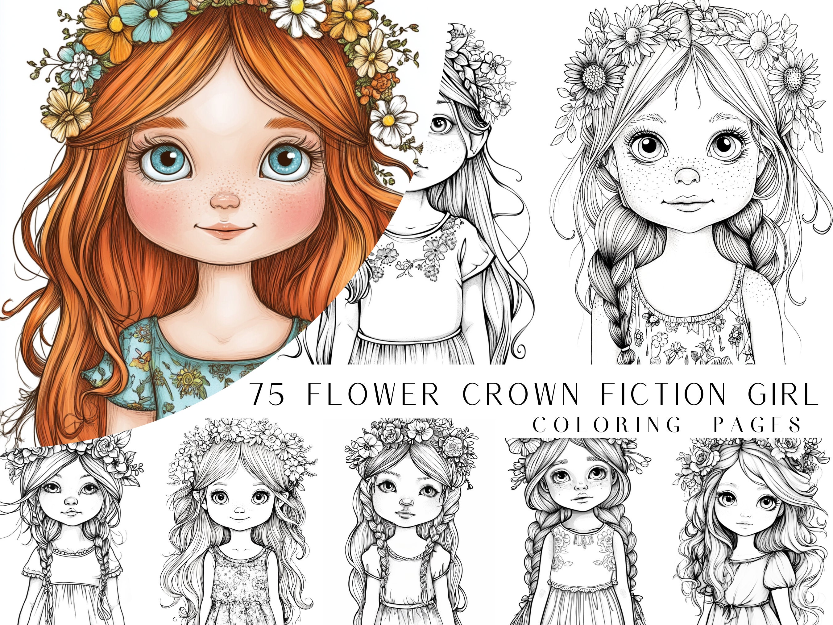 75 Flower Crowned Fiction Girls Coloring Pages - Printable File, Adult And Kids Coloring Book, Coloring Sheets, Instant Download