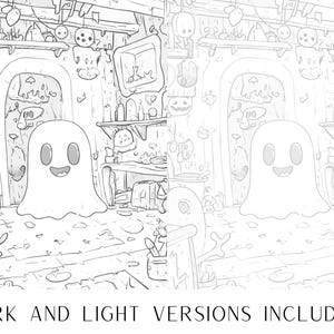 May include: A black and white line drawing of a spooky, cartoon ghost in a room with shelves and other spooky decorations. The ghost is smiling and has large eyes.