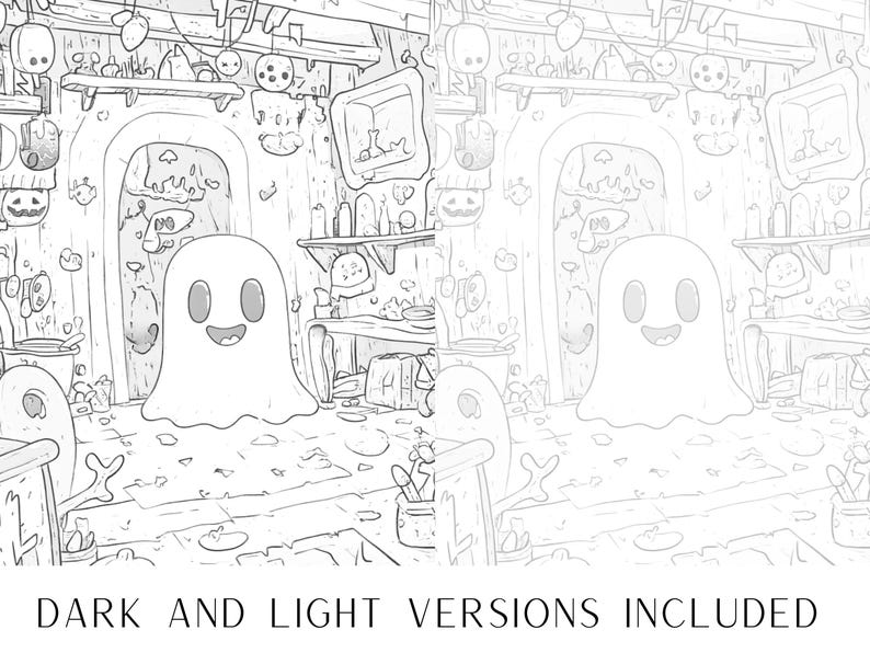 May include: A black and white line drawing of a spooky, cartoon ghost in a room with shelves and other spooky decorations. The ghost is smiling and has large eyes.