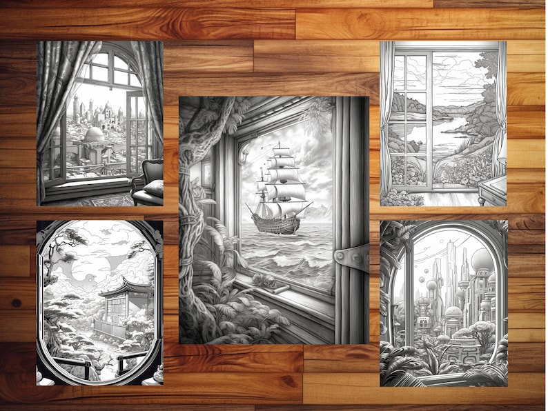 Pode incluir: Cinco ilustra&ccedil;&otilde;es em preto e branco de diferentes janelas com v&aacute;rias cenas vistas atrav&eacute;s delas. As janelas s&atilde;o emolduradas em molduras ornamentadas. As cenas incluem um horizonte urbano, um navio navegando no oceano, uma cena de floresta, um jardim japon&ecirc;s e uma cidade futurista.