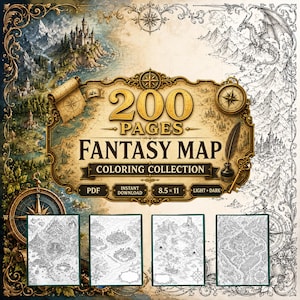 May include: A digital collection of 200 pages of fantasy map colouring sheets. The central text reads 200 PAGES FANTASY MAP COLOURING COLLECTION, with PDF, INSTANT DOWNLOAD, and 8.5 x 11 labels. The background features detailed illustrations of castles, mountains, a dragon, and a compass.
