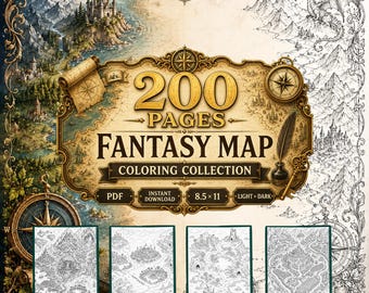 200 Fantasy Map Coloring Pages, Printable Adventure Maps (Light Dark Versions)